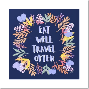 Eat Well Travel Often Lilac & Navy Blue | Floral Wreath | Quote Posters and Art